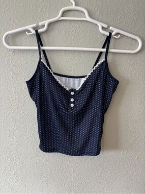 Navy Polka Dot Lace-Trim Cami Tank Top